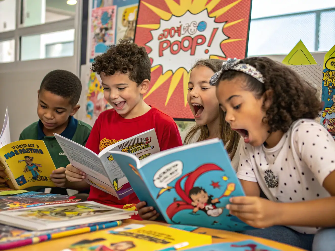 A vibrant image depicting children participating in a storytelling session at LA MAISON DES LIVRES, with a librarian reading aloud from a colorful picture book.