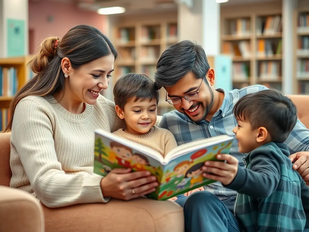 An image of children and adults participating in a lively storytelling session at the library, with books and smiling faces.