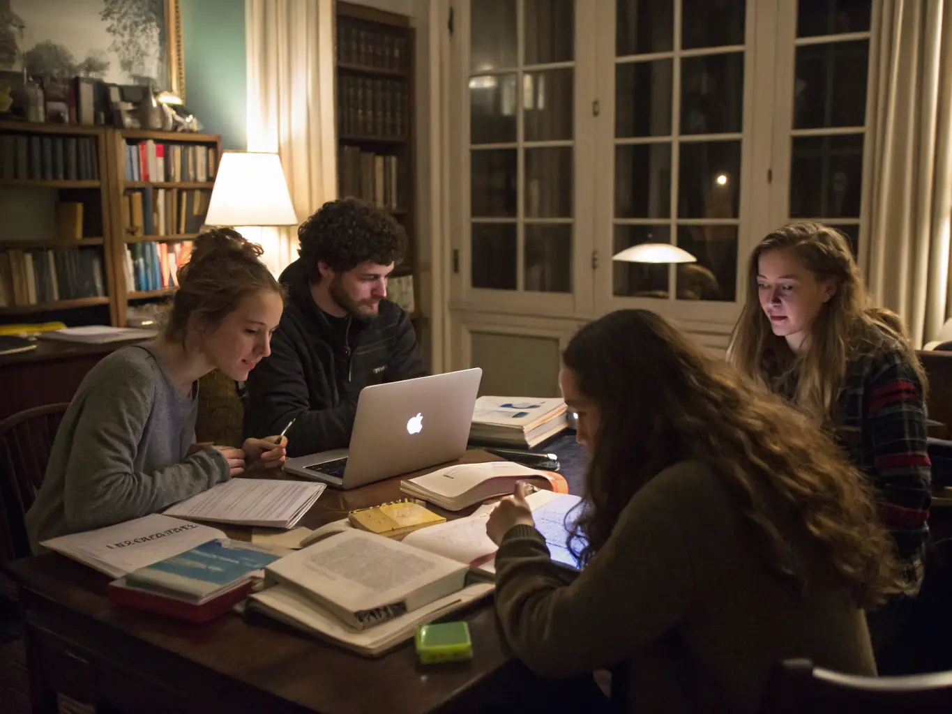 A photograph of a group of teenagers participating in a creative writing workshop at the library, with laptops and notebooks spread out on the tables.