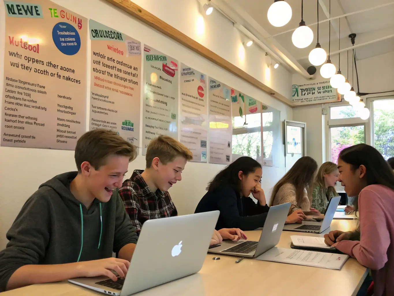 A visually appealing image of teenagers participating in a creative writing workshop at LA MAISON DES LIVRES, with laptops and notebooks spread out on the table.