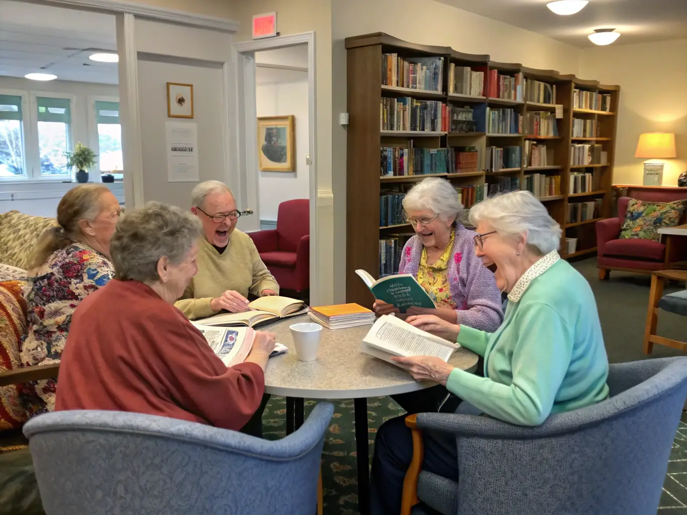 A picture of senior citizens participating in a book discussion group at the library, with tea and biscuits on the table.