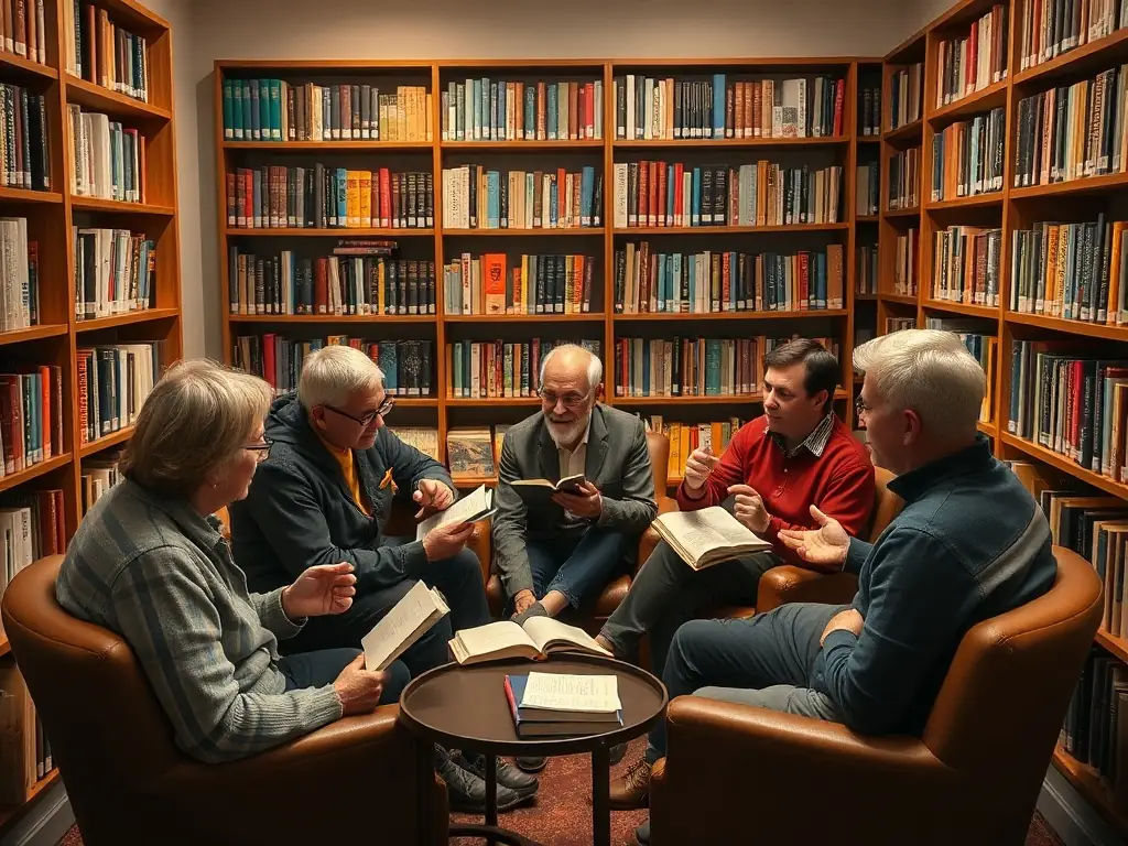 A photograph showcasing adults attending a book club meeting at LA MAISON DES LIVRES, engaged in a lively discussion about their latest read.